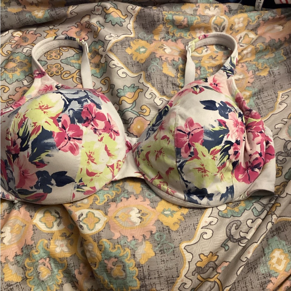 Cacique Cream Bra with Pink, Yellow & Navy Floral Accents